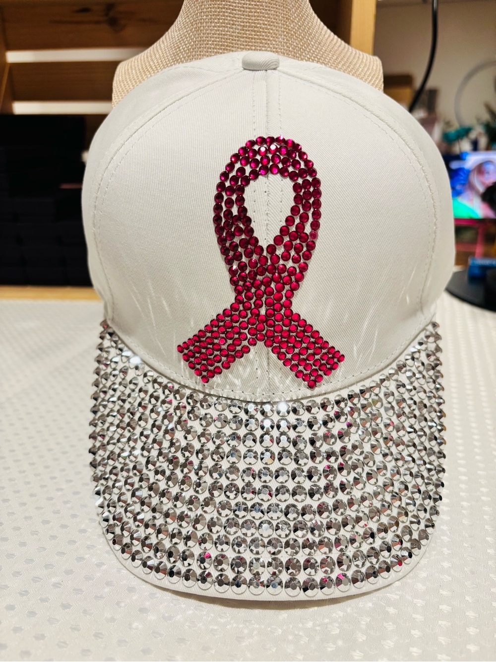 White Rhinestone Baseball Cap with Pink Awareness Ribbon